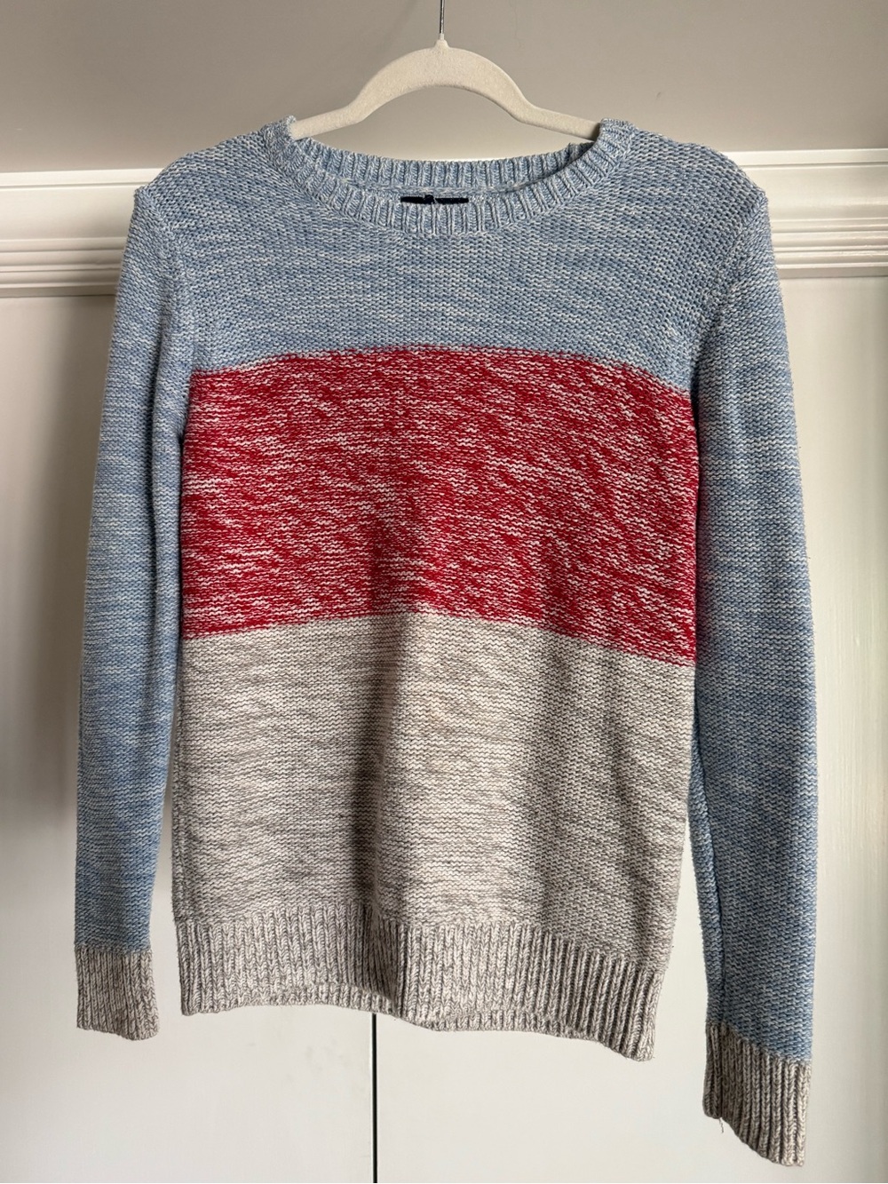 Light Blue, Red & Grey Colorblock Crewneck Sweater